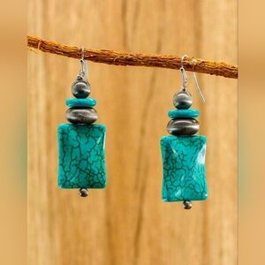 Bohemian Vintage Faux Western Turquoise and Silver Dangle Earrings